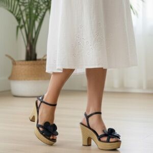 Anthro’s Biviel navy flower appliqué strap sandal